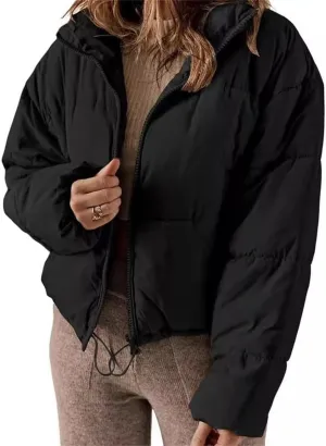 Women's Winter Coat Short Fashion Solid Color Simple Warm Cotton-Padded Jacket Long Sleeve Zipped Puffer Coat
