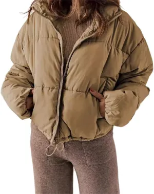 Women's Winter Coat Short Fashion Solid Color Simple Warm Cotton-Padded Jacket Long Sleeve Zipped Puffer Coat