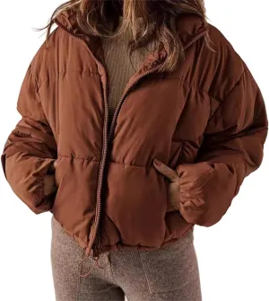 Women's Winter Coat Short Fashion Solid Color Simple Warm Cotton-Padded Jacket Long Sleeve Zipped Puffer Coat