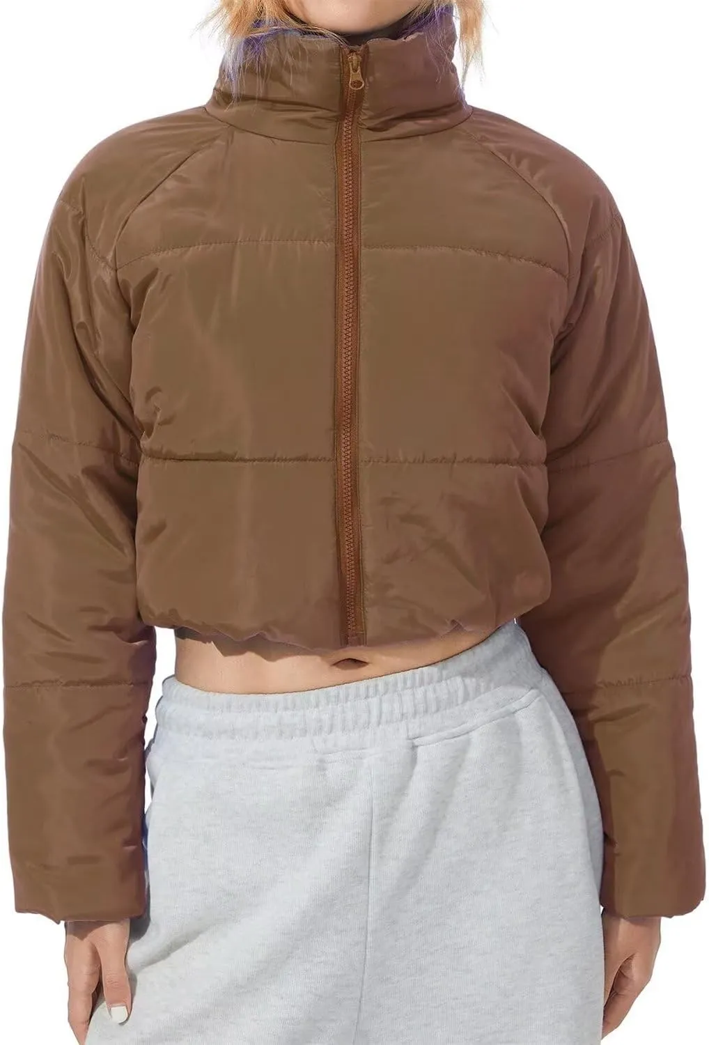 Women's Winter Coat Short Fashion Solid Color Zipped Cotton-Padded Jacket Stand-Up Collar Quilted Warm Puffer Coat