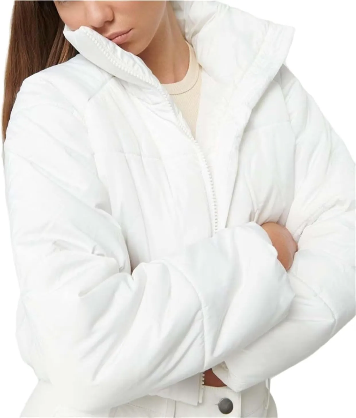 Women's Winter Coat Short Fashion Solid Color Zipped Cotton-Padded Jacket Stand-Up Collar Quilted Warm Puffer Coat