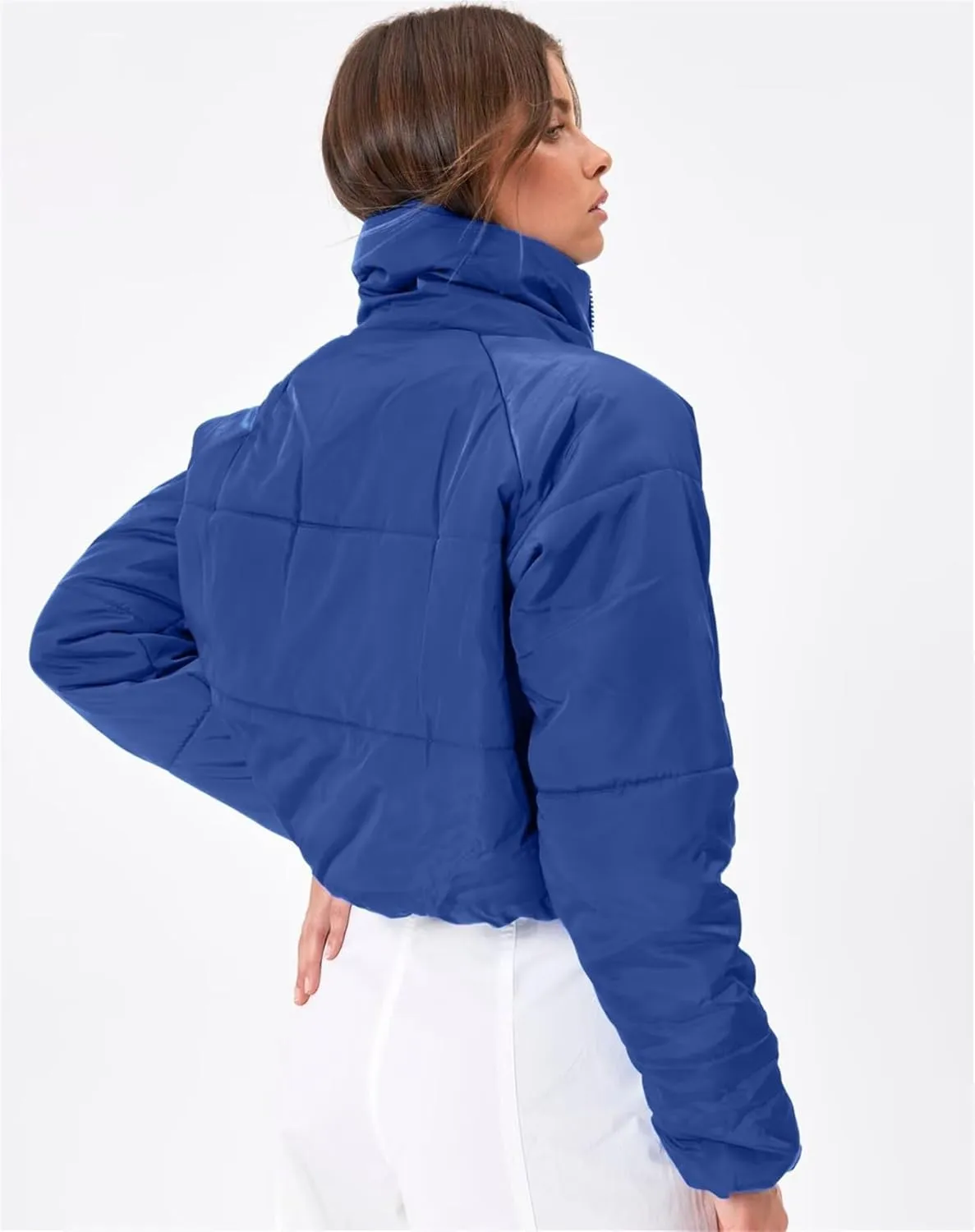 Women's Winter Coat Short Fashion Solid Color Zipped Cotton-Padded Jacket Stand-Up Collar Quilted Warm Puffer Coat