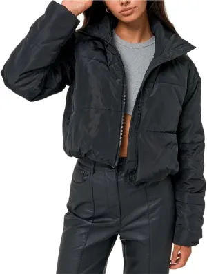 Women's Winter Coat Short Fashion Solid Color Zipped Cotton-Padded Jacket Stand-Up Collar Quilted Warm Puffer Coat
