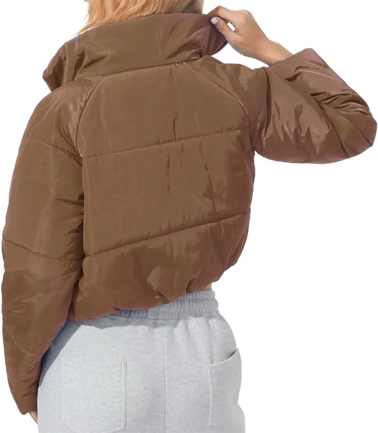 Women's Winter Coat Short Fashion Solid Color Zipped Cotton-Padded Jacket Stand-Up Collar Quilted Warm Puffer Coat
