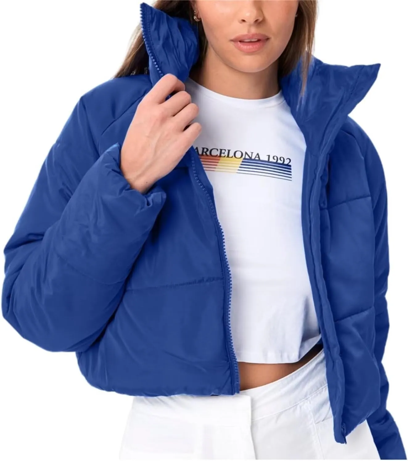 Women's Winter Coat Short Fashion Solid Color Zipped Cotton-Padded Jacket Stand-Up Collar Quilted Warm Puffer Coat