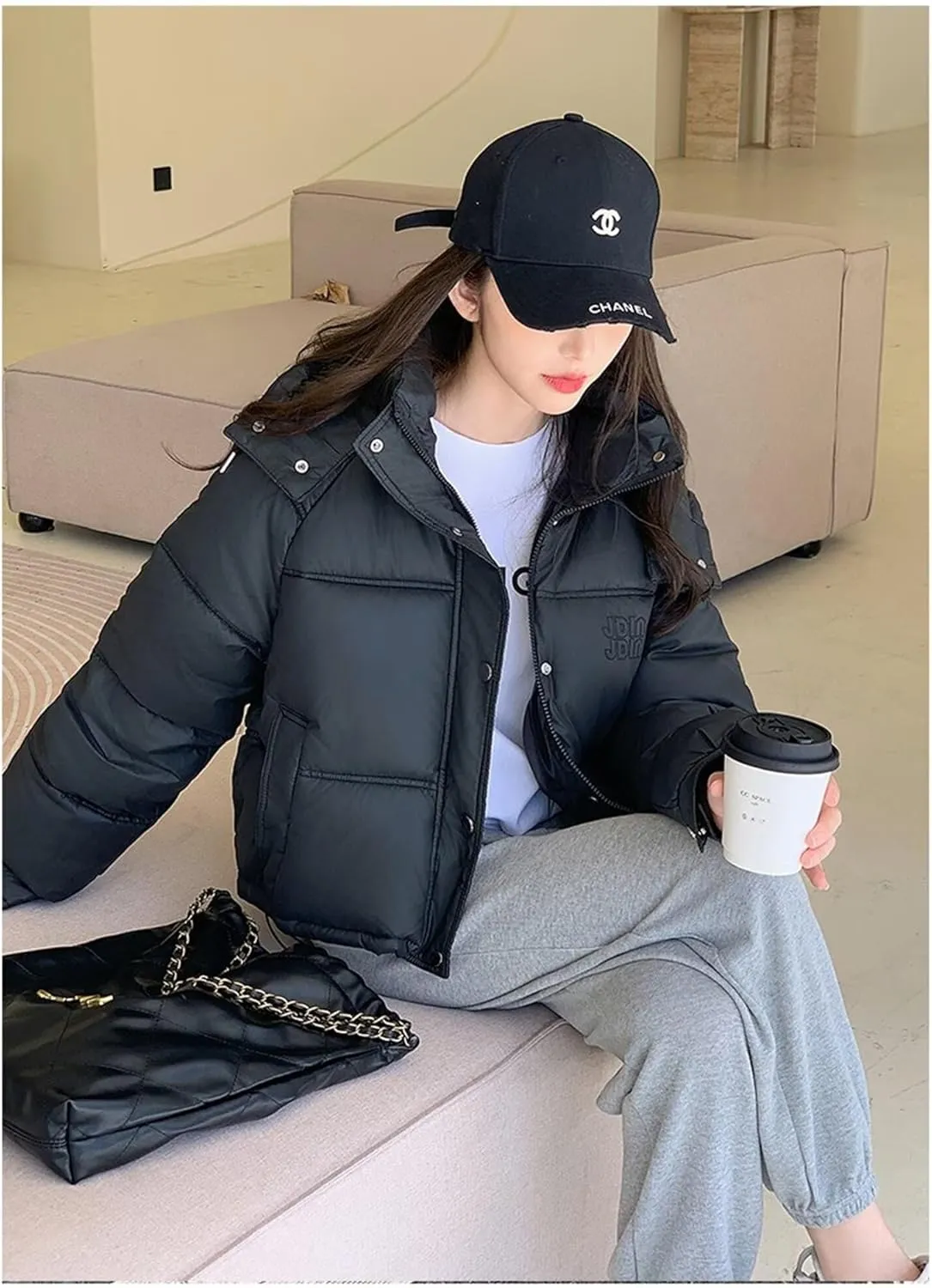 Women's Winter Coat Short Solid Color Slim Thickened Cotton-Padded Jacket Fashion Hooded Down Coat