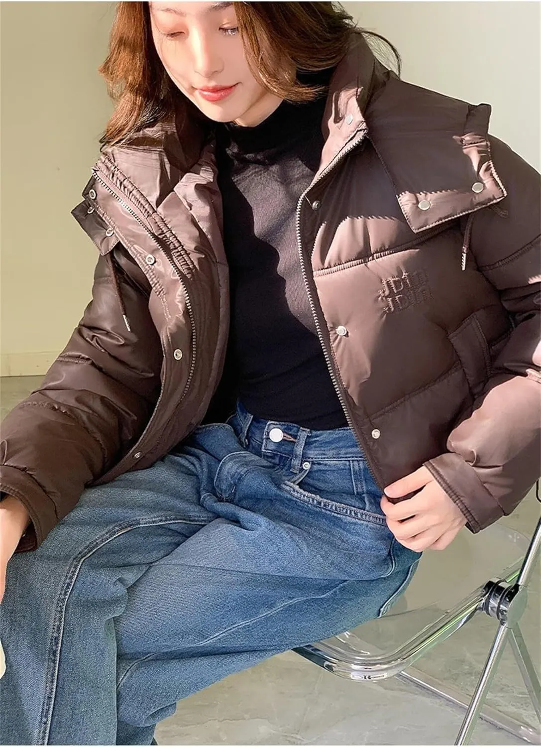 Women's Winter Coat Short Solid Color Slim Thickened Cotton-Padded Jacket Fashion Hooded Down Coat
