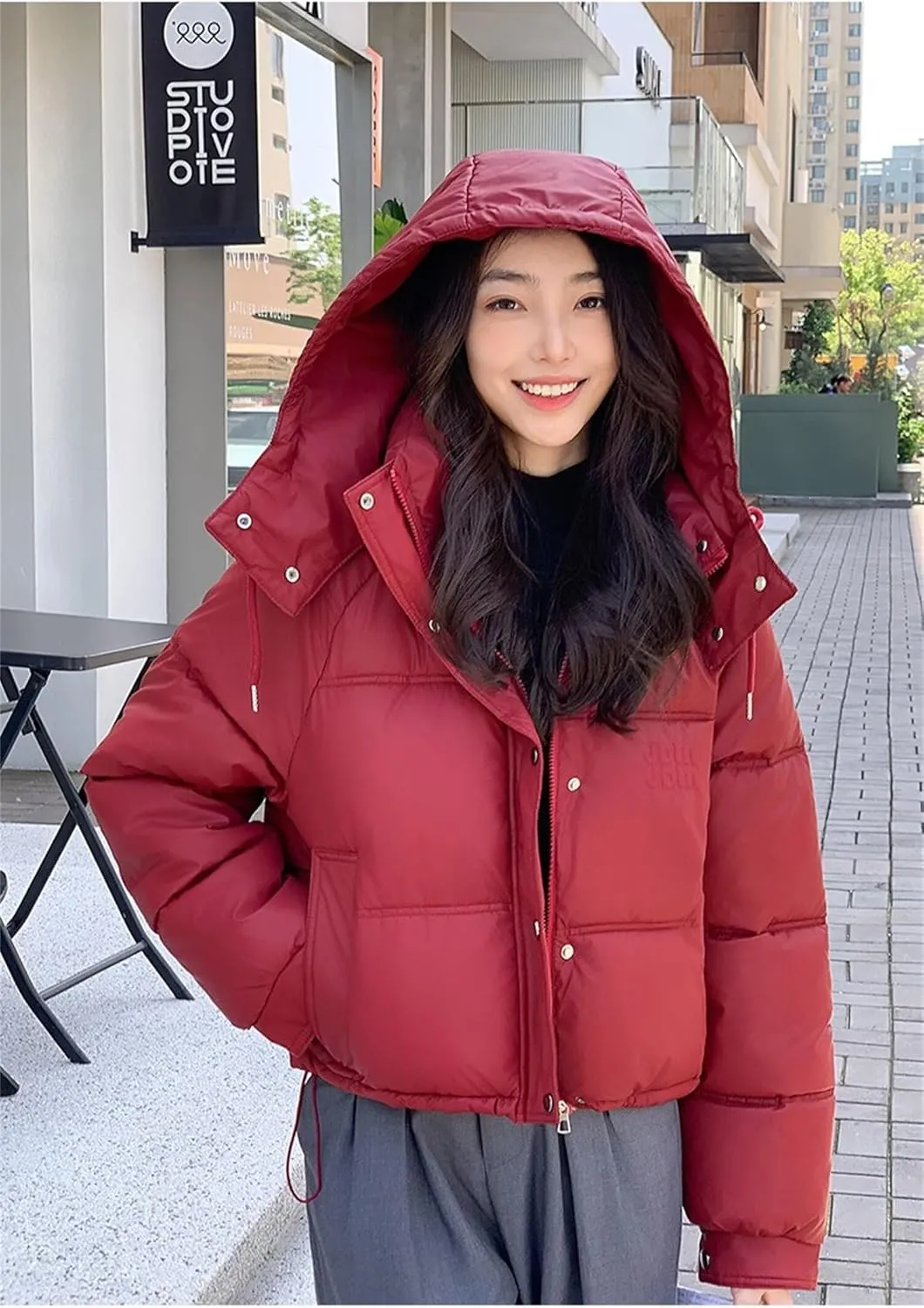 Women's Winter Coat Short Solid Color Slim Thickened Cotton-Padded Jacket Fashion Hooded Down Coat