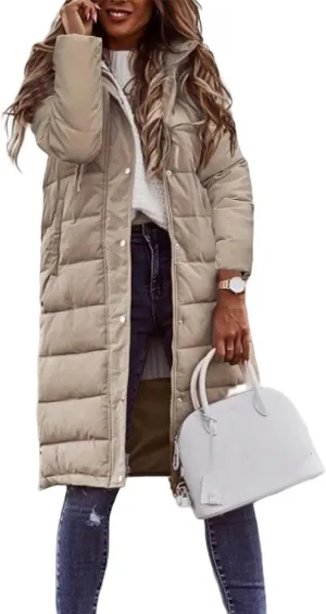 Women's Winter Coat Solid Color Hooded Single-Breasted Mid-Length Cotton-Padded Jacket Long Sleeves Cardigan Coat
