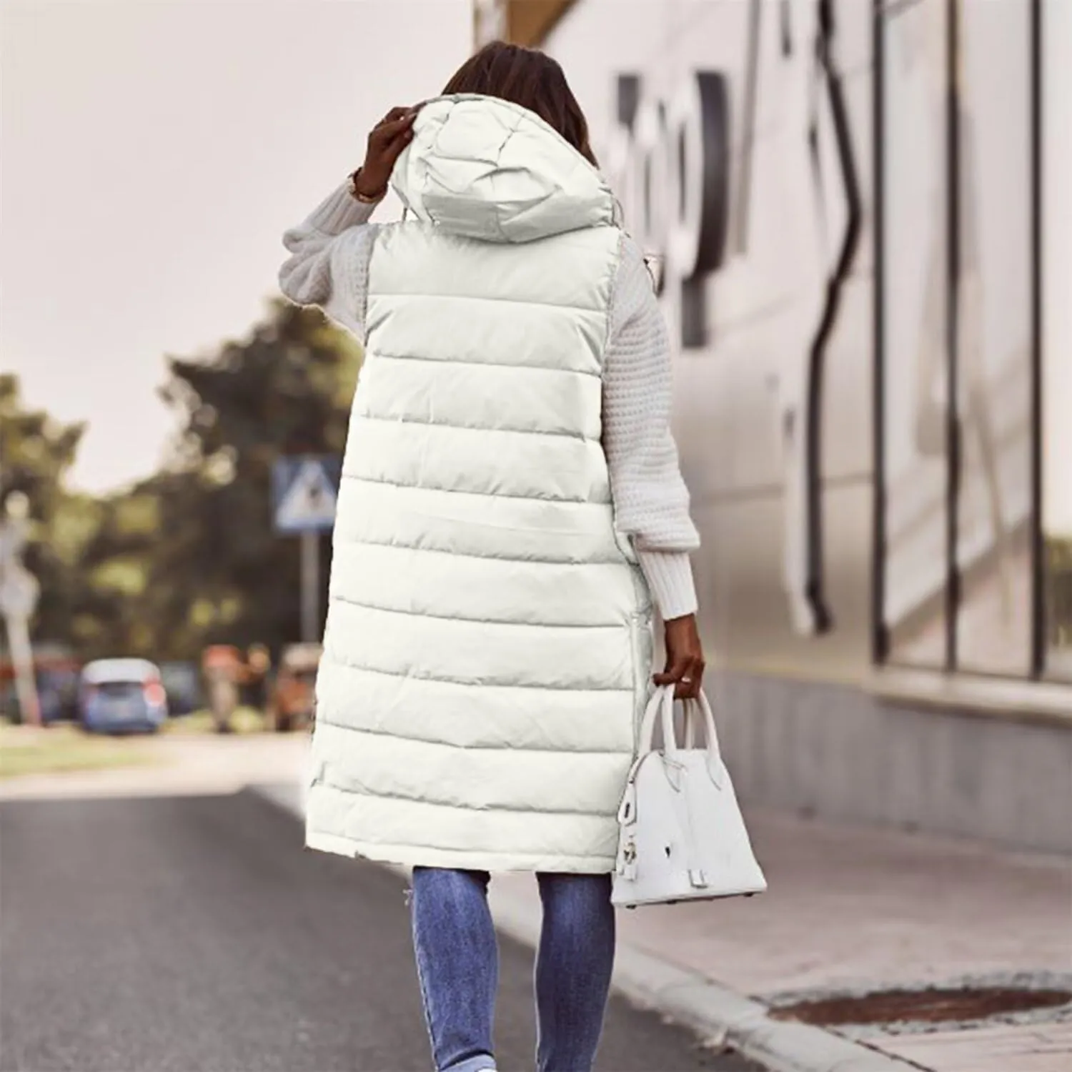 Women's Winter Coat Solid Color Hooded Single-Breasted Mid-Length Cotton-Padded Jacket Long Sleeves Cardigan Coat