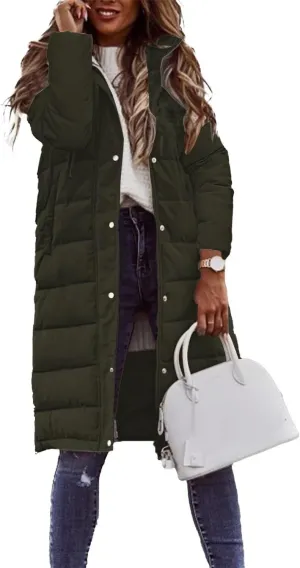 Women's Winter Coat Solid Color Hooded Single-Breasted Mid-Length Cotton-Padded Jacket Long Sleeves Cardigan Coat