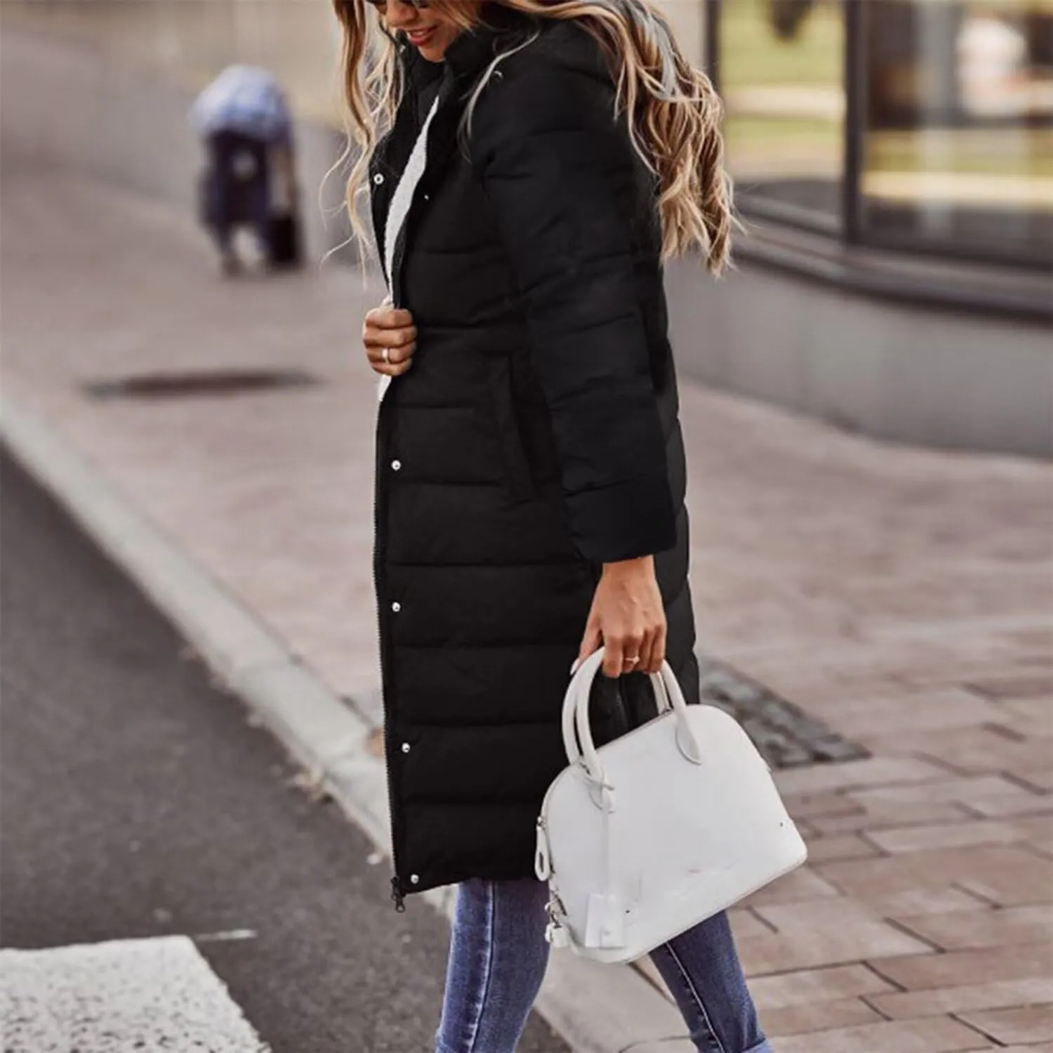 Women's Winter Coat Solid Color Hooded Single-Breasted Mid-Length Cotton-Padded Jacket Long Sleeves Cardigan Coat
