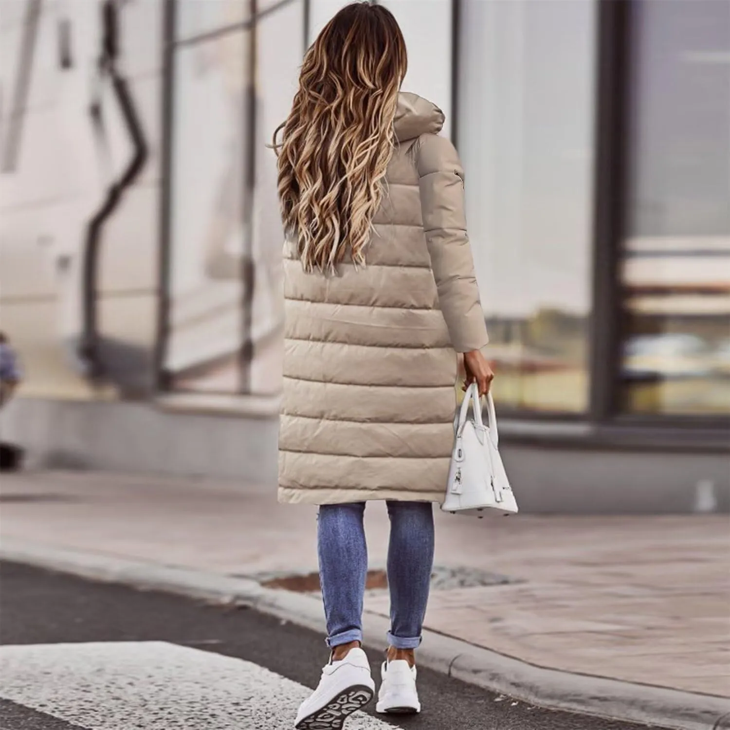 Women's Winter Coat Solid Color Hooded Single-Breasted Mid-Length Cotton-Padded Jacket Long Sleeves Cardigan Coat