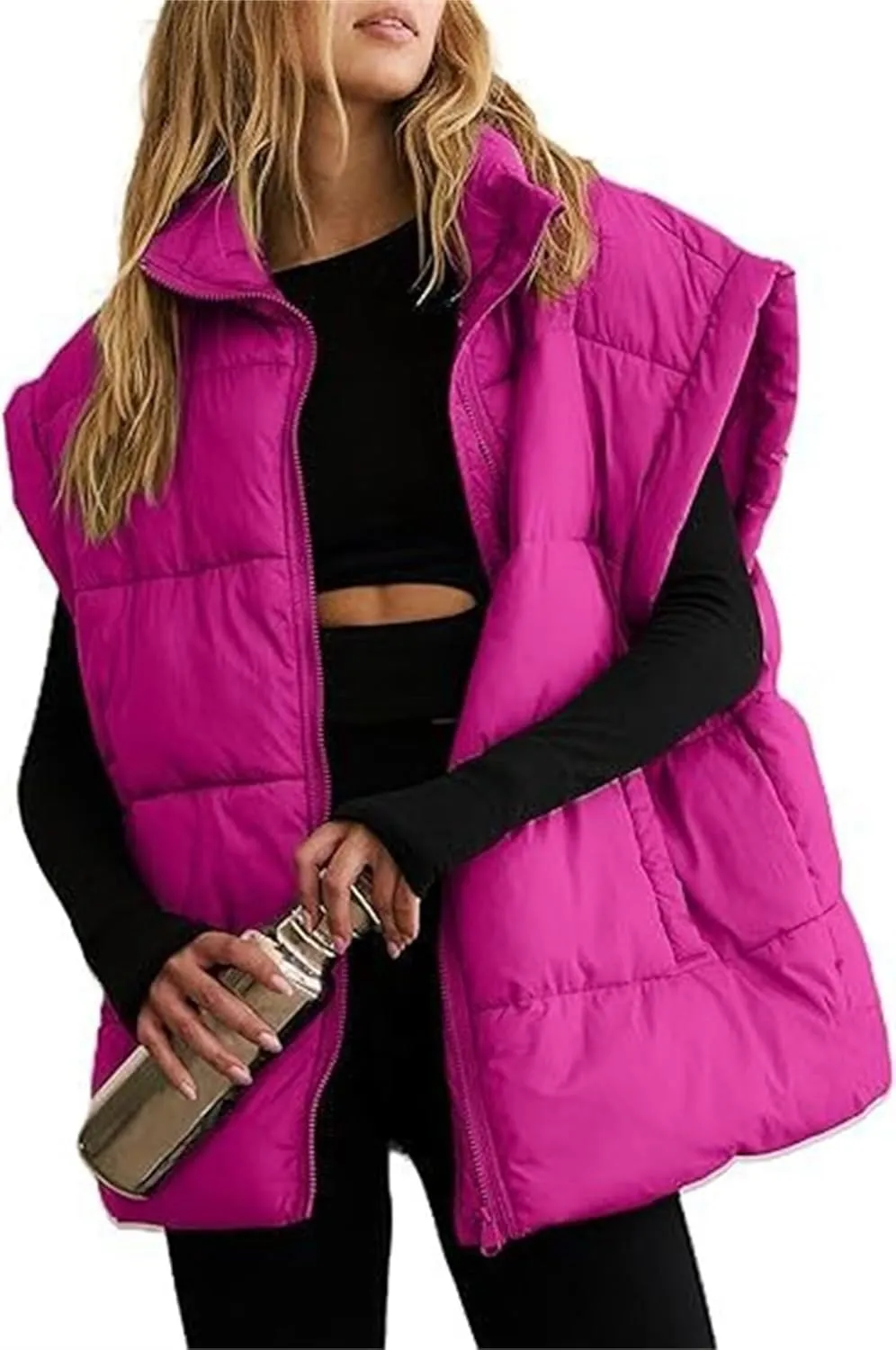 Women's Winter Coat Solid Color Zipper Pocket Cotton-Padded Vest Fashion Stand-Up Collar Casual Down Coat Vest