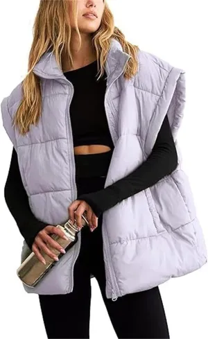 Women's Winter Coat Solid Color Zipper Pocket Cotton-Padded Vest Fashion Stand-Up Collar Casual Down Coat Vest