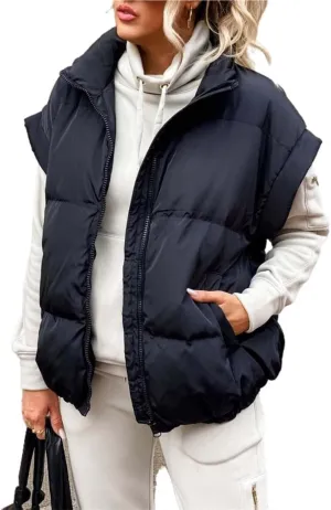 Women's Winter Coat Solid Color Zipper Pocket Cotton-Padded Vest Fashion Stand-Up Collar Casual Down Coat Vest