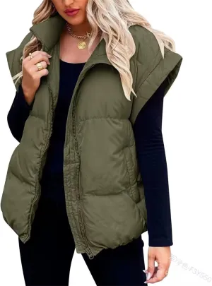 Women's Winter Coat Solid Color Zipper Pocket Cotton-Padded Vest Fashion Stand-Up Collar Casual Down Coat Vest
