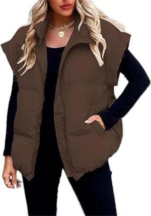 Women's Winter Coat Solid Color Zipper Pocket Cotton-Padded Vest Fashion Stand-Up Collar Casual Down Coat Vest