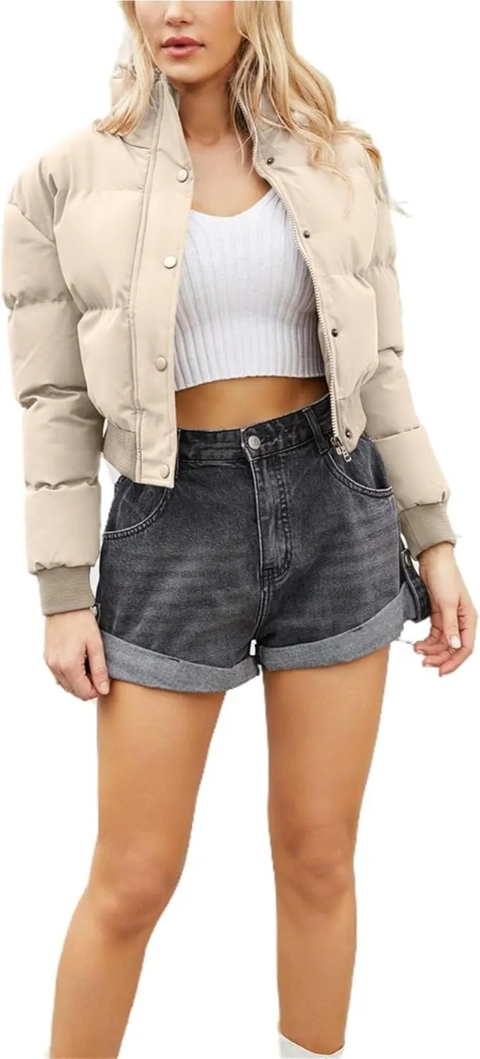Women's Winter Short Cotton-Padded Coat Long Sleeve High-Neck Warm Coat Loose Casual Zipper Down Coat