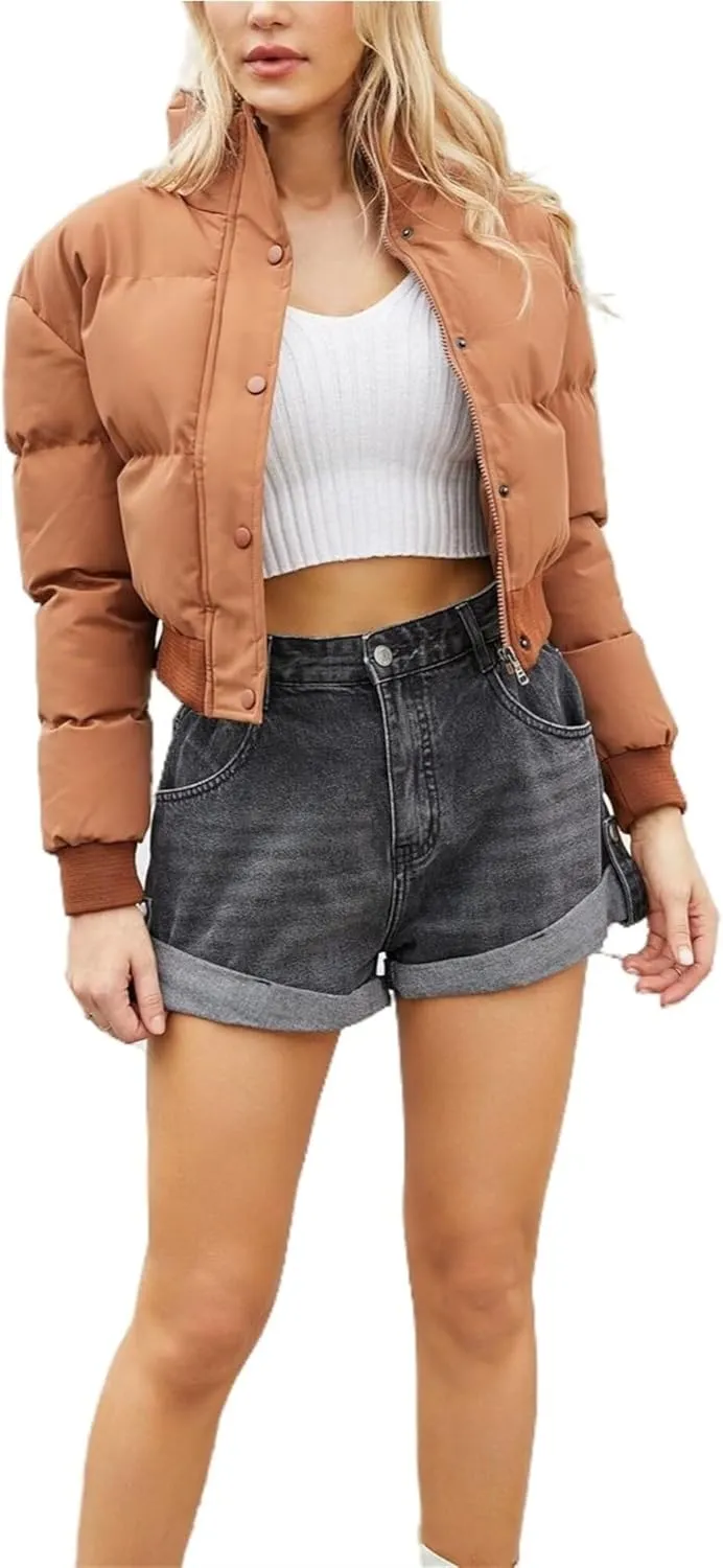 Women's Winter Short Cotton-Padded Coat Long Sleeve High-Neck Warm Coat Loose Casual Zipper Down Coat