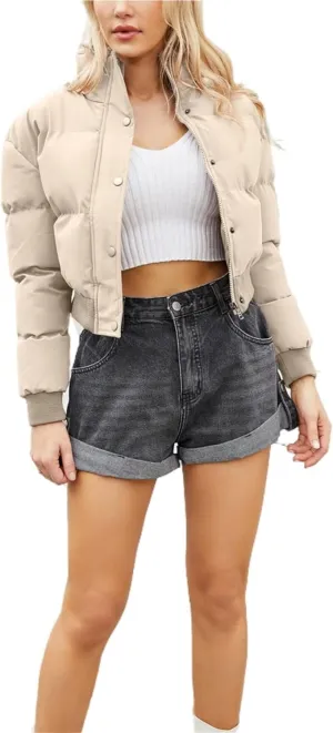 Women's Winter Short Cotton-Padded Coat Long Sleeve High-Neck Warm Coat Loose Casual Zipper Down Coat