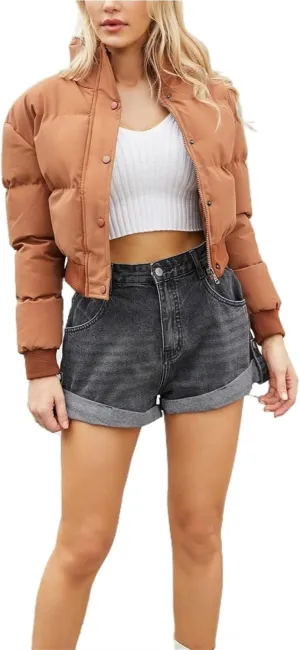Women's Winter Short Cotton-Padded Coat Long Sleeve High-Neck Warm Coat Loose Casual Zipper Down Coat