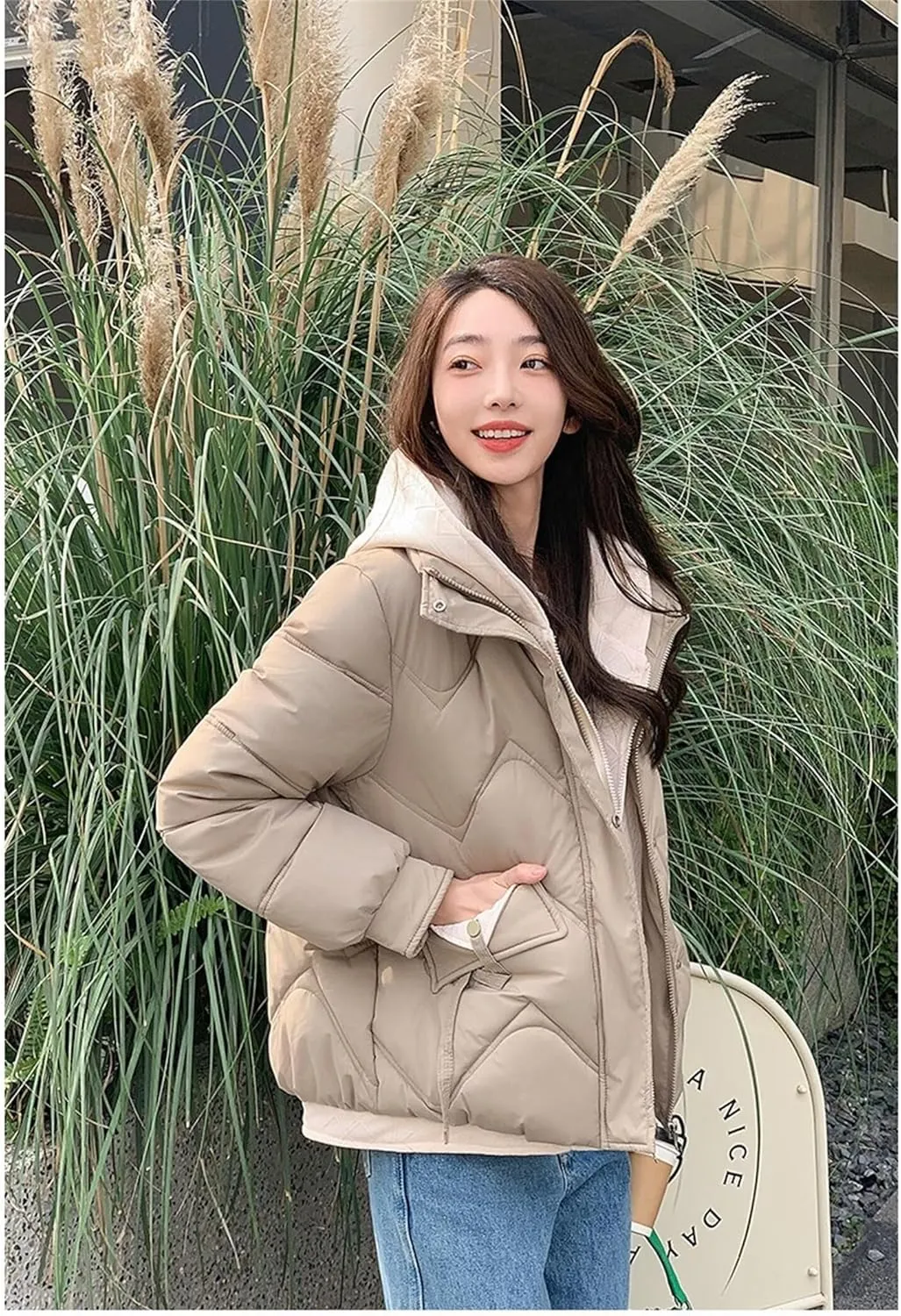 Women's Winter Short Fake Two Cotton-Padded Jacket Solid Color Loose Size Hooded Thicken Down Coat