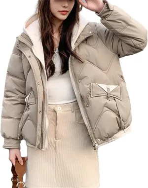 Women's Winter Short Fake Two Cotton-Padded Jacket Solid Color Loose Size Hooded Thicken Down Coat