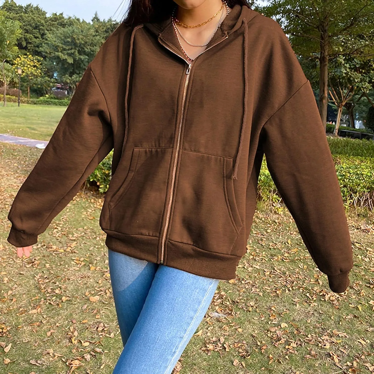 Womens Zip Up Hoodies Oversized Lightweight Hooded Solid Sweatshirt Long Sleeve Jacket Y2K Fall Clothes