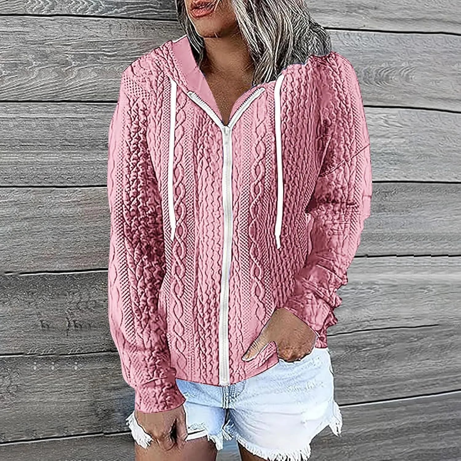 Womens Zip Up Hoodies Plus Size Sweatshirt Long Sleeve Textured Drawstring Zip Jackets Outwear with Pockets