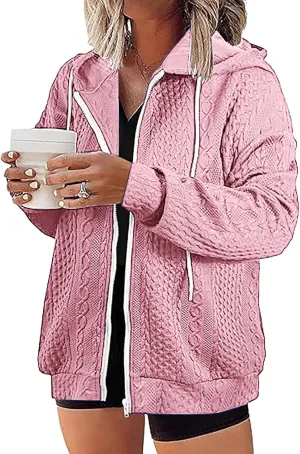 Womens Zip Up Hoodies Plus Size Sweatshirt Long Sleeve Textured Drawstring Zip Jackets Outwear with Pockets