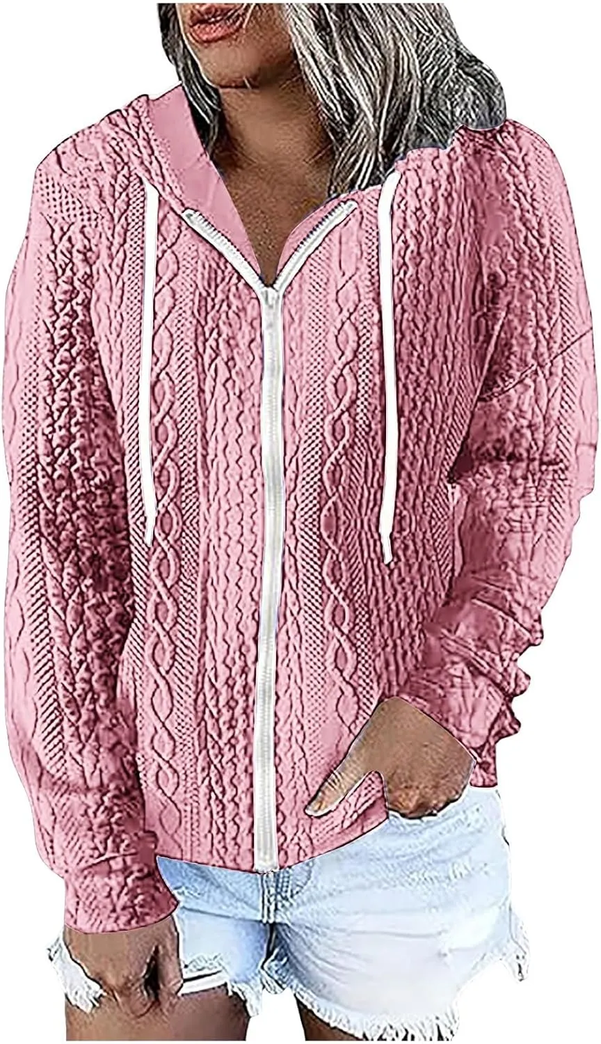 Womens Zip Up Hoodies Plus Size Sweatshirt Long Sleeve Textured Drawstring Zip Jackets Outwear with Pockets