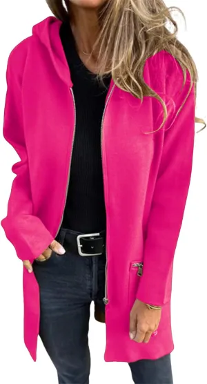 Womens Zip Up Long Hoodie Jacket Tunic Sweatshirt Open Front Cardigan Fall Winter Fleece Jacket Coat with Pockets
