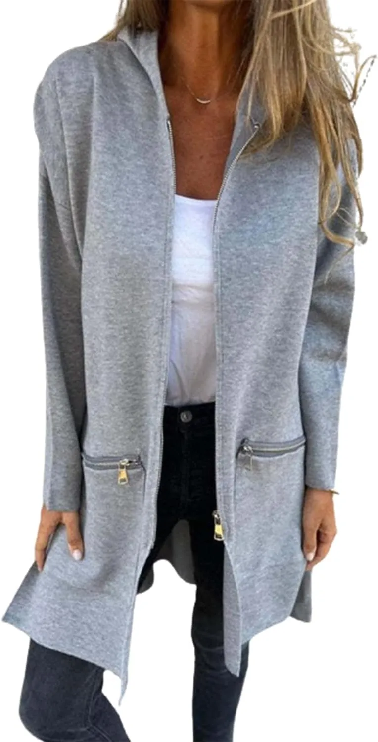 Womens Zip Up Long Hoodie Jacket Tunic Sweatshirt Open Front Cardigan Fall Winter Fleece Jacket Coat with Pockets