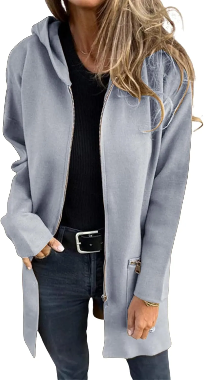 Womens Zip Up Long Hoodie Jacket Tunic Sweatshirt Open Front Cardigan Fall Winter Fleece Jacket Coat with Pockets
