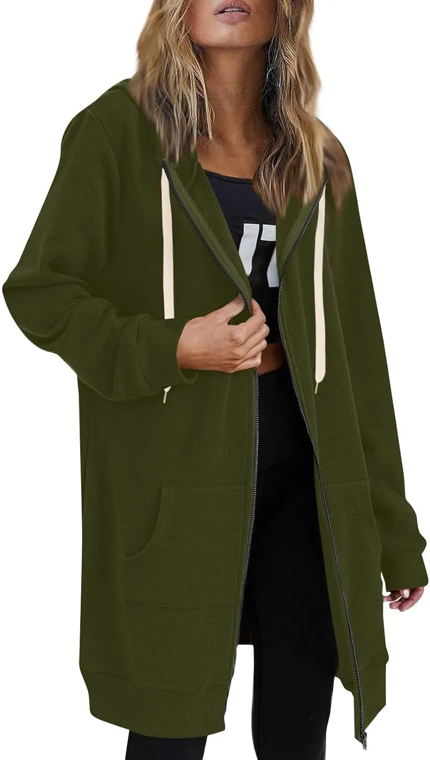 Women's Zip Up Long Hoodies Jacket Long Sleeve Drawstring Hooded Sweatshirt Coat 2024 Fall Winter Pocket Outerwear
