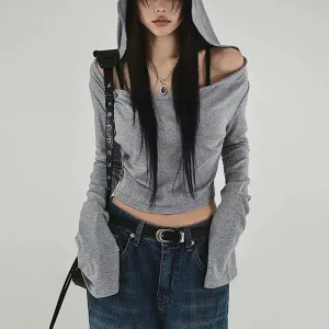 Y2K Grunge Hooded Long Sleeve Top  Slim Fit Vintage Streetwear