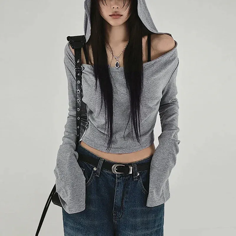 Y2K Grunge Hooded Long Sleeve Top  Slim Fit Vintage Streetwear