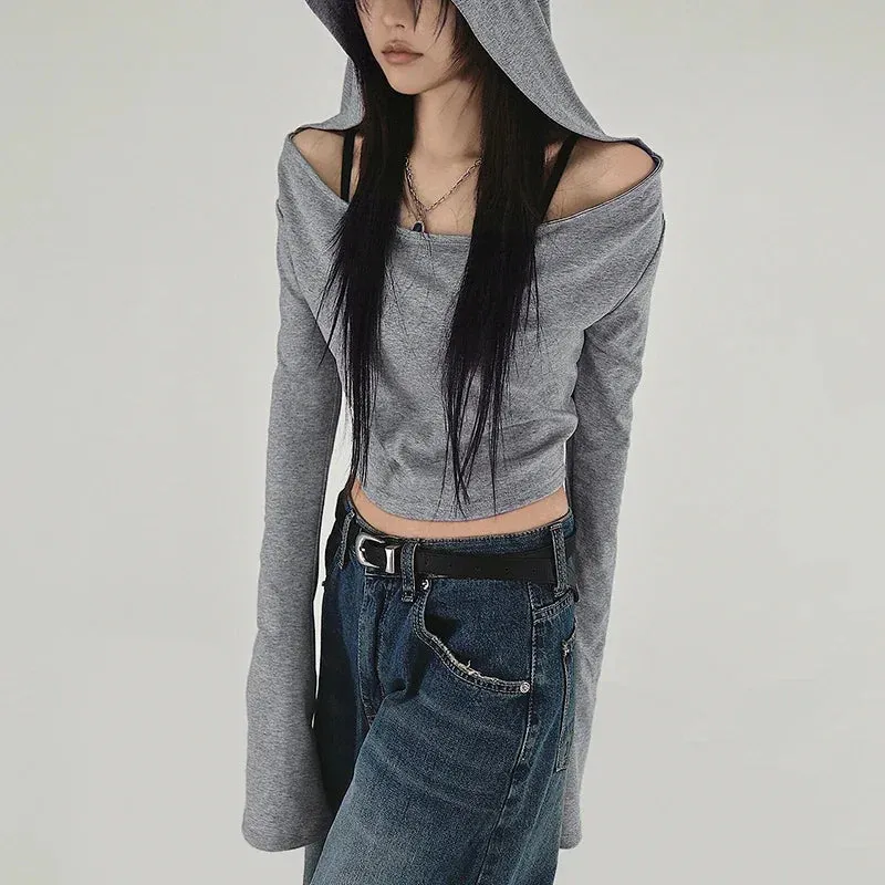 Y2K Grunge Hooded Long Sleeve Top  Slim Fit Vintage Streetwear
