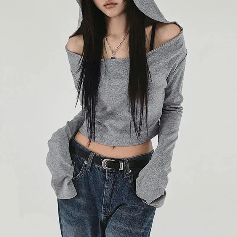 Y2K Grunge Hooded Long Sleeve Top  Slim Fit Vintage Streetwear