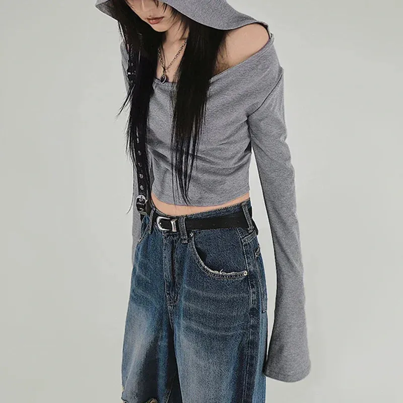 Y2K Grunge Hooded Long Sleeve Top  Slim Fit Vintage Streetwear