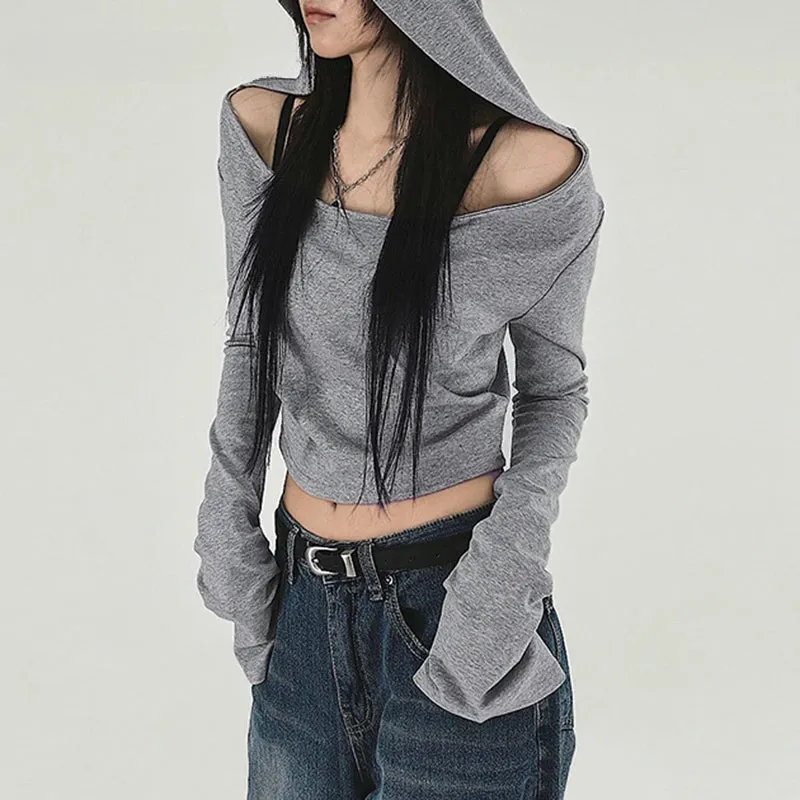 Y2K Grunge Hooded Long Sleeve Top  Slim Fit Vintage Streetwear