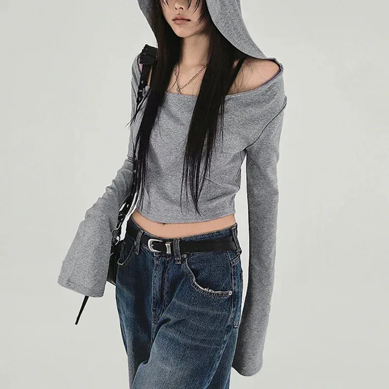 Y2K Grunge Hooded Long Sleeve Top  Slim Fit Vintage Streetwear