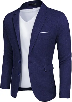 YND Men's Slim Fit Two Buttons Linen Business Blazer, Sport Coat Lightweight Business Daily Coat