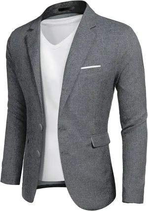 YND Men's Slim Fit Two Buttons Linen Business Blazer, Sport Coat Lightweight Business Daily Coat