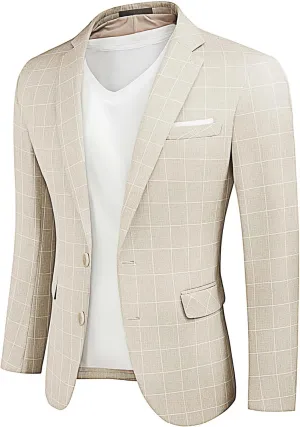 YND Men's Slim Fit Two Buttons Linen Business Blazer, Sport Coat Lightweight Business Daily Coat