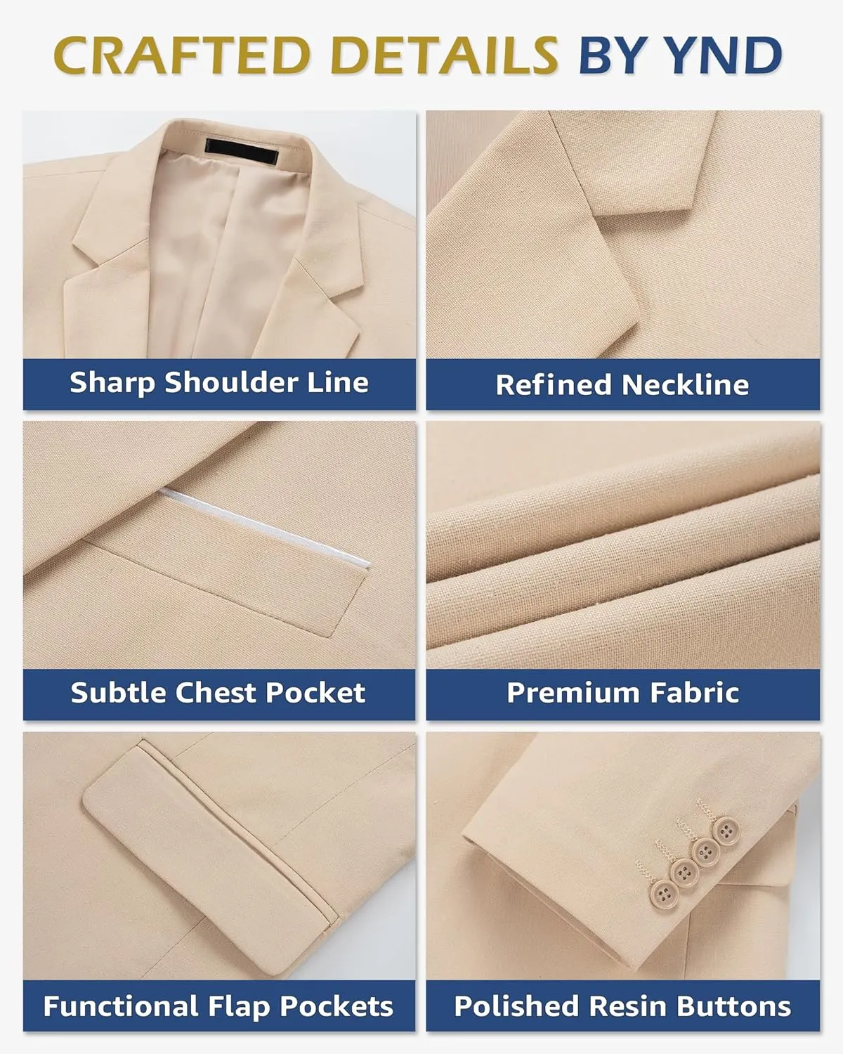 YND Men's Slim Fit Two Buttons Linen Business Blazer, Sport Coat Lightweight Business Daily Coat