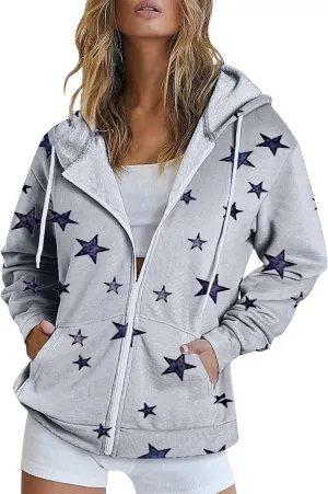 Zip Up Hoodie Women Oversized Sweatshirt Star Graphic Fleece Y2K Jacket Pockets Fall Outfits Casual Fashion Clothes