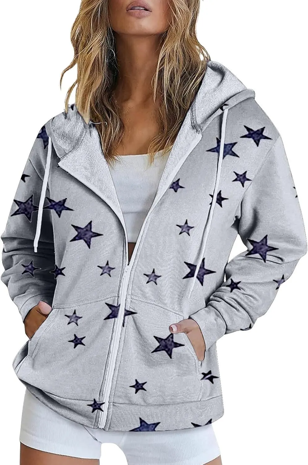 Zip Up Hoodie Women Oversized Sweatshirt Star Graphic Fleece Y2K Jacket Pockets Fall Outfits Casual Fashion Clothes