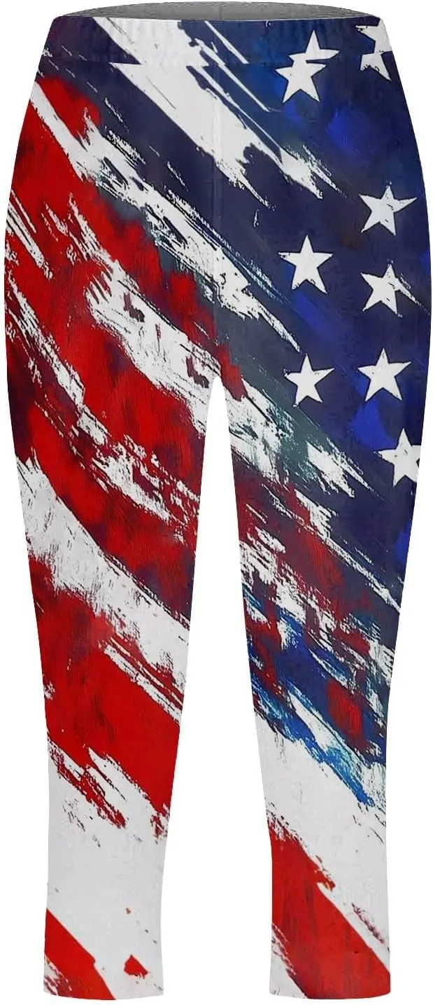 ZYXTIM American Flag Capri Leggings for Women Stretch Yoga Pants 4th of July Patriotic Star Stripes Patterned Casual Trousers